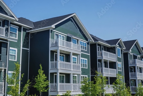 Wallpaper Mural an apartment complex with three stories and each floor having two beautiful dark green-colored vinyl siding facades A clear blue sky above adds depth to the scene Generative AI Torontodigital.ca
