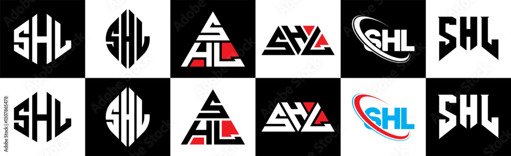 SHL letter logo design in six style. SHL polygon, circle, triangle, hexagon, flat and simple style with black and white color variation letter logo set in one artboard. SHL minimalist and classic logo SHL letter logo design in six style. SHL polygon, circle, triangle, hexagon, flat and simple style with black and white color variation letter logo set in one artboard. SHL minimalist and classic logo