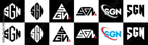 SGN letter logo design in six style. SGN polygon, circle, triangle, hexagon, flat and simple style with black and white color variation letter logo set in one artboard. SGN minimalist and classic logo