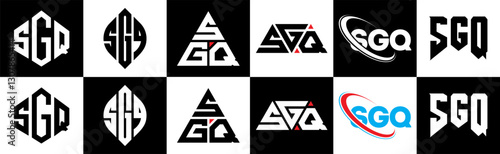 SGQ letter logo design in six style. SGQ polygon, circle, triangle, hexagon, flat and simple style with black and white color variation letter logo set in one artboard. SGQ minimalist and classic logo