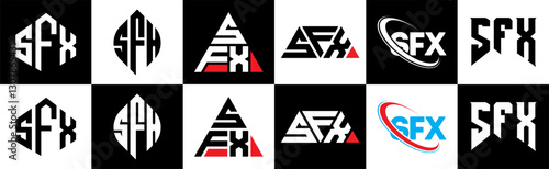 SFX letter logo design in six style. SFX polygon, circle, triangle, hexagon, flat and simple style with black and white color variation letter logo set in one artboard. SFX minimalist and classic logo