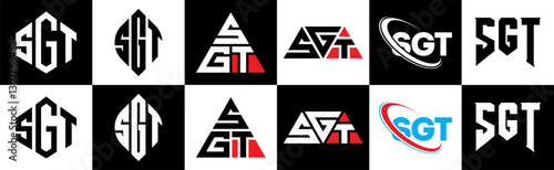 SGT letter logo design in six style. SGT polygon, circle, triangle, hexagon, flat and simple style with black and white color variation letter logo set in one artboard. SGT minimalist and classic logo