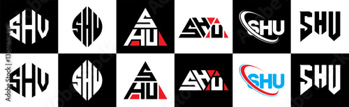 SHU letter logo design in six style. SHU polygon, circle, triangle, hexagon, flat and simple style with black and white color variation letter logo set in one artboard. SHU minimalist and classic logo