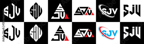 SJV letter logo design in six style. SJV polygon, circle, triangle, hexagon, flat and simple style with black and white color variation letter logo set in one artboard. SJV minimalist and classic logo