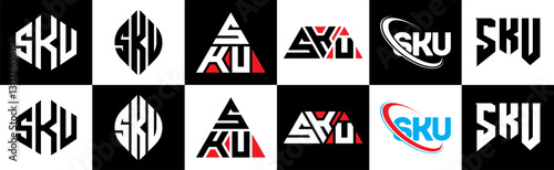 SKU letter logo design in six style. SKU polygon, circle, triangle, hexagon, flat and simple style with black and white color variation letter logo set in one artboard. SKU minimalist and classic logo