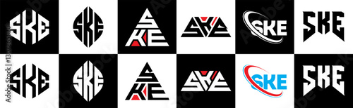 SKE letter logo design in six style. SKE polygon, circle, triangle, hexagon, flat and simple style with black and white color variation letter logo set in one artboard. SKE minimalist and classic logo