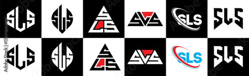 SLS letter logo design in six style. SLS polygon, circle, triangle, hexagon, flat and simple style with black and white color variation letter logo set in one artboard. SLS minimalist and classic logo
