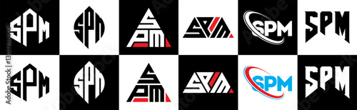 SPM letter logo design in six style. SPM polygon, circle, triangle, hexagon, flat and simple style with black and white color variation letter logo set in one artboard. SPM minimalist and classic logo