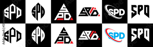SPD letter logo design in six style. SPD polygon, circle, triangle, hexagon, flat and simple style with black and white color variation letter logo set in one artboard. SPD minimalist and classic logo