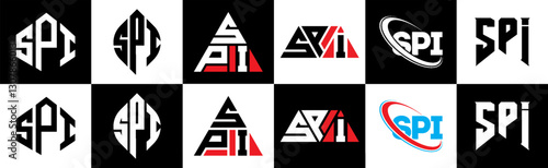 SPI letter logo design in six style. SPI polygon, circle, triangle, hexagon, flat and simple style with black and white color variation letter logo set in one artboard. SPI minimalist and classic logo