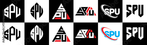 SPU letter logo design in six style. SPU polygon, circle, triangle, hexagon, flat and simple style with black and white color variation letter logo set in one artboard. SPU minimalist and classic logo