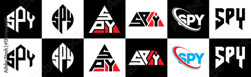 SPY letter logo design in six style. SPY polygon, circle, triangle, hexagon, flat and simple style with black and white color variation letter logo set in one artboard. SPY minimalist and classic logo