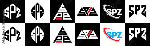 SPZ letter logo design in six style. SPZ polygon, circle, triangle, hexagon, flat and simple style with black and white color variation letter logo set in one artboard. SPZ minimalist and classic logo