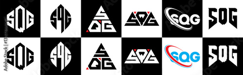 SQG letter logo design in six style. SQG polygon, circle, triangle, hexagon, flat and simple style with black and white color variation letter logo set in one artboard. SQG minimalist and classic logo