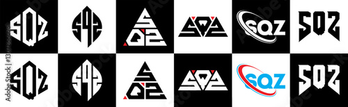 SQZ letter logo design in six style. SQZ polygon, circle, triangle, hexagon, flat and simple style with black and white color variation letter logo set in one artboard. SQZ minimalist and classic logo