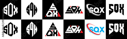 SQX letter logo design in six style. SQX polygon, circle, triangle, hexagon, flat and simple style with black and white color variation letter logo set in one artboard. SQX minimalist and classic logo