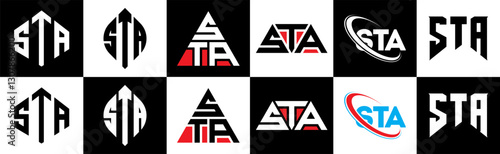 STA letter logo design in six style. STA polygon, circle, triangle, hexagon, flat and simple style with black and white color variation letter logo set in one artboard. STA minimalist and classic logo