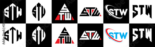 STW letter logo design in six style. STW polygon, circle, triangle, hexagon, flat and simple style with black and white color variation letter logo set in one artboard. STW minimalist and classic logo