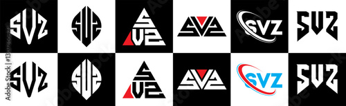 SVZ letter logo design in six style. SVZ polygon, circle, triangle, hexagon, flat and simple style with black and white color variation letter logo set in one artboard. SVZ minimalist and classic logo