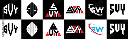 SVY letter logo design in six style. SVY polygon, circle, triangle, hexagon, flat and simple style with black and white color variation letter logo set in one artboard. SVY minimalist and classic logo