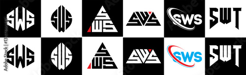 SWS letter logo design in six style. SWS polygon, circle, triangle, hexagon, flat and simple style with black and white color variation letter logo set in one artboard. SWS minimalist and classic logo