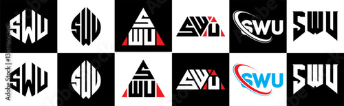 SWU letter logo design in six style. SWU polygon, circle, triangle, hexagon, flat and simple style with black and white color variation letter logo set in one artboard. SWU minimalist and classic logo