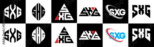 SXG letter logo design in six style. SXG polygon, circle, triangle, hexagon, flat and simple style with black and white color variation letter logo set in one artboard. SXG minimalist and classic logo