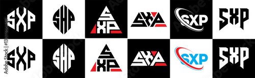 SXP letter logo design in six style. SXP polygon, circle, triangle, hexagon, flat and simple style with black and white color variation letter logo set in one artboard. SXP minimalist and classic logo