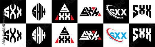 SXX letter logo design in six style. SXX polygon, circle, triangle, hexagon, flat and simple style with black and white color variation letter logo set in one artboard. SXX minimalist and classic logo