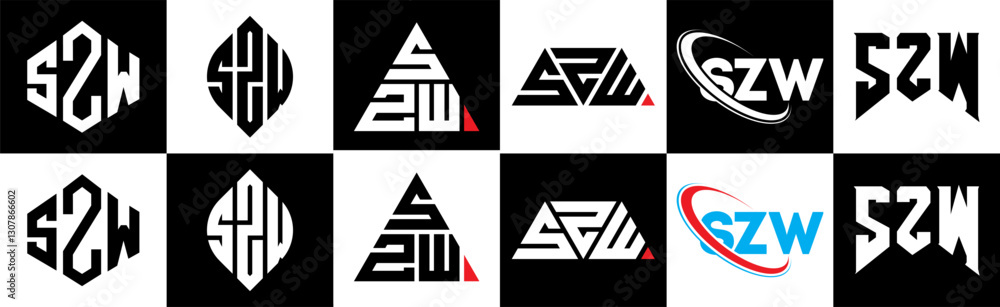 Obraz premium SZW letter logo design in six style. SZW polygon, circle, triangle, hexagon, flat and simple style with black and white color variation letter logo set in one artboard. SZW minimalist and classic logo