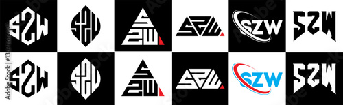 SZW letter logo design in six style. SZW polygon, circle, triangle, hexagon, flat and simple style with black and white color variation letter logo set in one artboard. SZW minimalist and classic logo