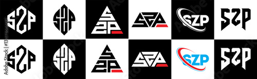 SZP letter logo design in six style. SZP polygon, circle, triangle, hexagon, flat and simple style with black and white color variation letter logo set in one artboard. SZP minimalist and classic logo