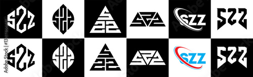 SZZ letter logo design in six style. SZZ polygon, circle, triangle, hexagon, flat and simple style with black and white color variation letter logo set in one artboard. SZZ minimalist and classic logo