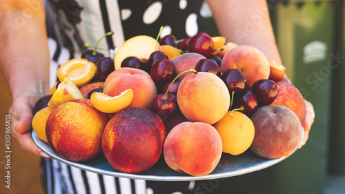 Colourful bright stone fruit platter nectarine apricot peach cherry central otago new zealand fruit ripe delicious