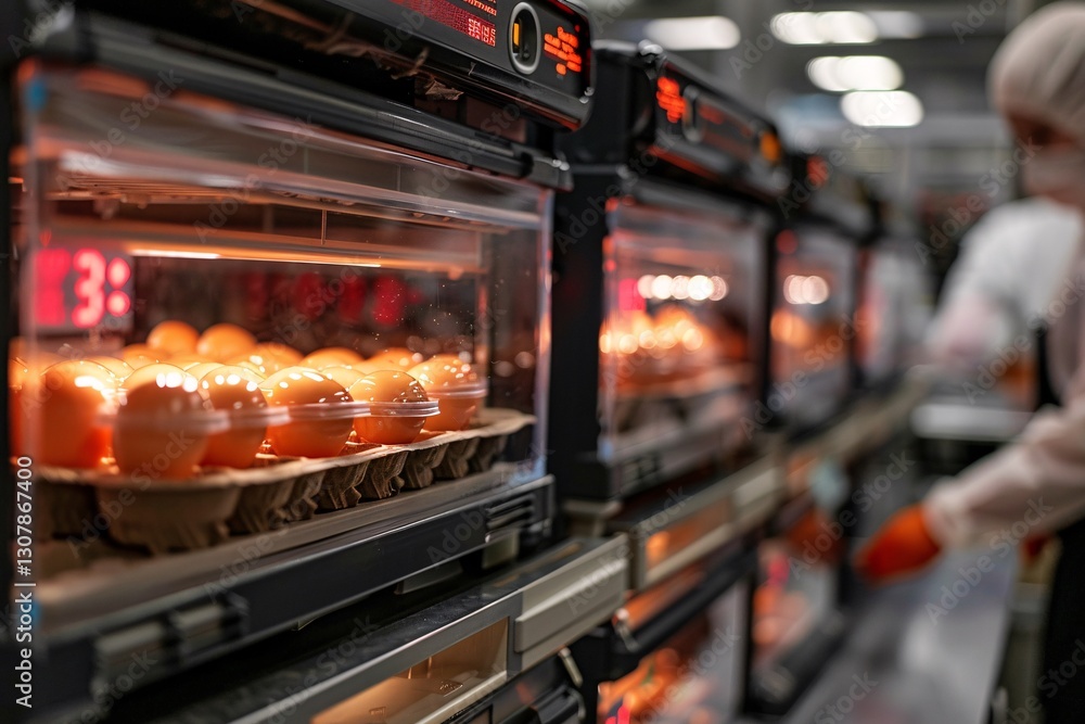 Brightly lit trays hold incubating eggs in a modern production facility. Workers monitor the process, ensuring optimal conditions for hatching Brightly lit trays hold incubating eggs in a modern production facility. Workers monitor the process, ensuring optimal conditions for hatching