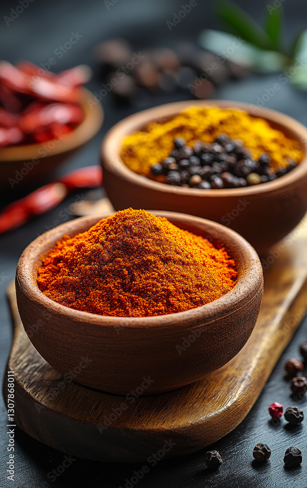 Vibrant spices displayed in rustic bowls. Bowls filled with colorful spices sit on a wooden board, highlighting the beauty of culinary ingredients in a kitchen. Vibrant spices displayed in rustic bowls. Bowls filled with colorful spices sit on a wooden board, highlighting the beauty of culinary ingredients in a kitchen.