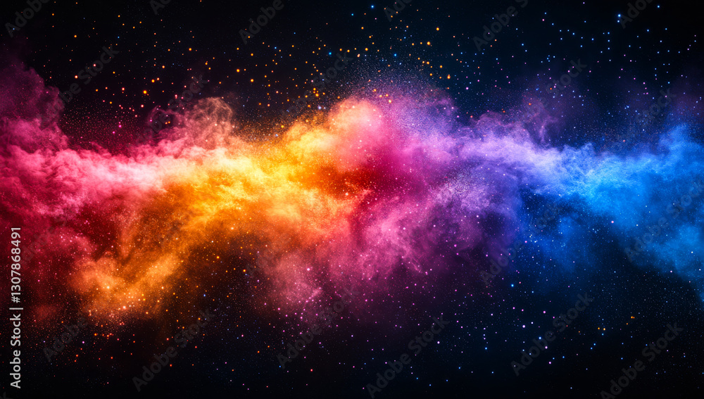 Fototapeta premium Colorful cosmic dust in a starry sky. Bright cosmic clouds swirl through a starry backdrop, showcasing vibrant colors in a vast universe at night.