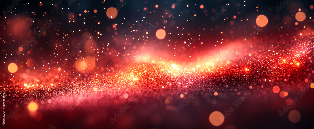 Fototapeta premium Light particles swirl in space. Vibrant particles in red and orange hues create a mesmerizing cosmic effect against a dark backdrop.