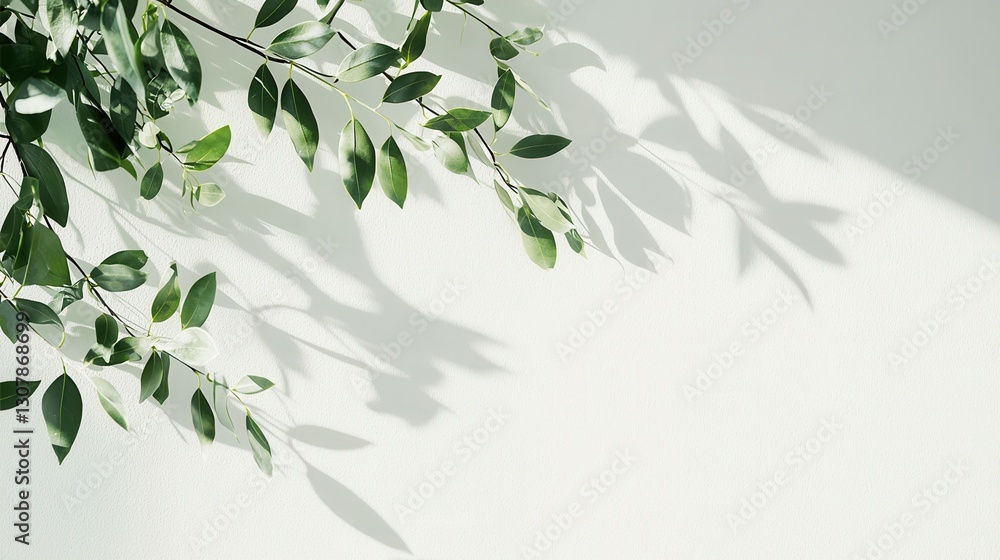 Green leaves casting soft shadows on a light wall minimalist composition nature inspired design perfect for home decor or relaxation spaces calm and serene atmosphere bright tones Green leaves casting soft shadows on a light wall minimalist composition nature inspired design perfect for home decor or relaxation spaces calm and serene atmosphere bright tones