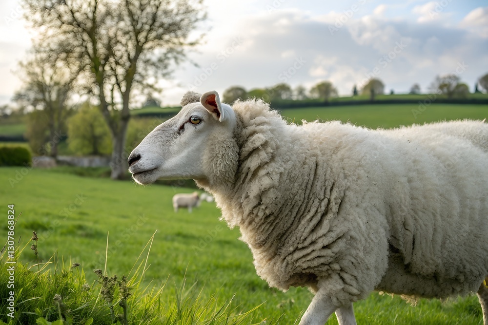 Obraz premium White Sheep Grazing in a Green Field 