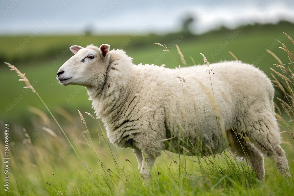 Obraz premium White Sheep Grazing in a Green Field 