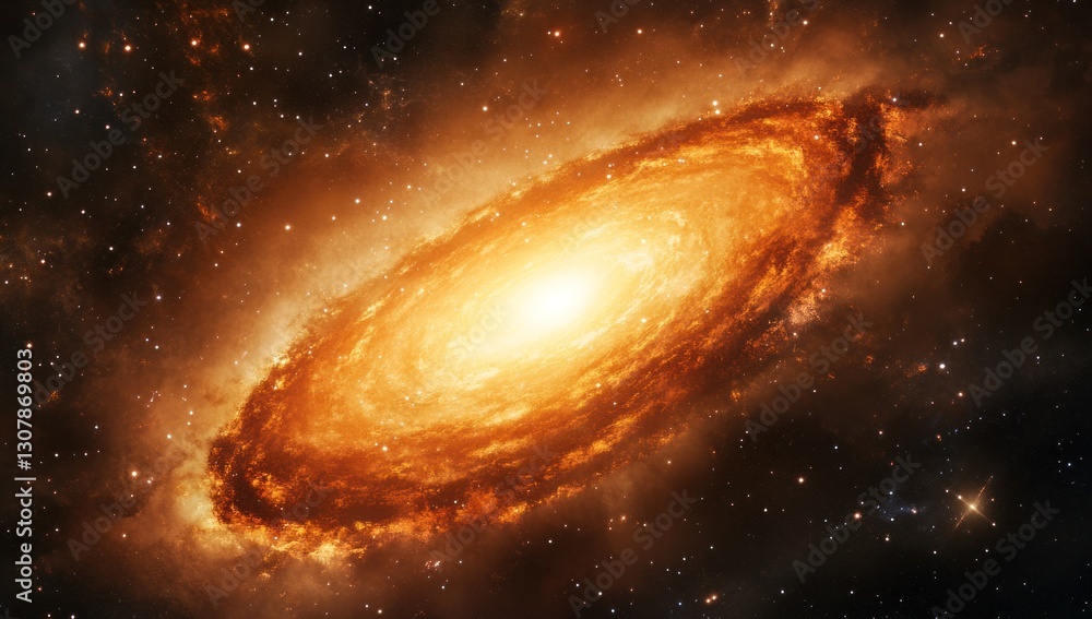 Fototapeta premium Fiery spiral galaxy ablaze in deep space, swirling nebulae, and cosmic dust.