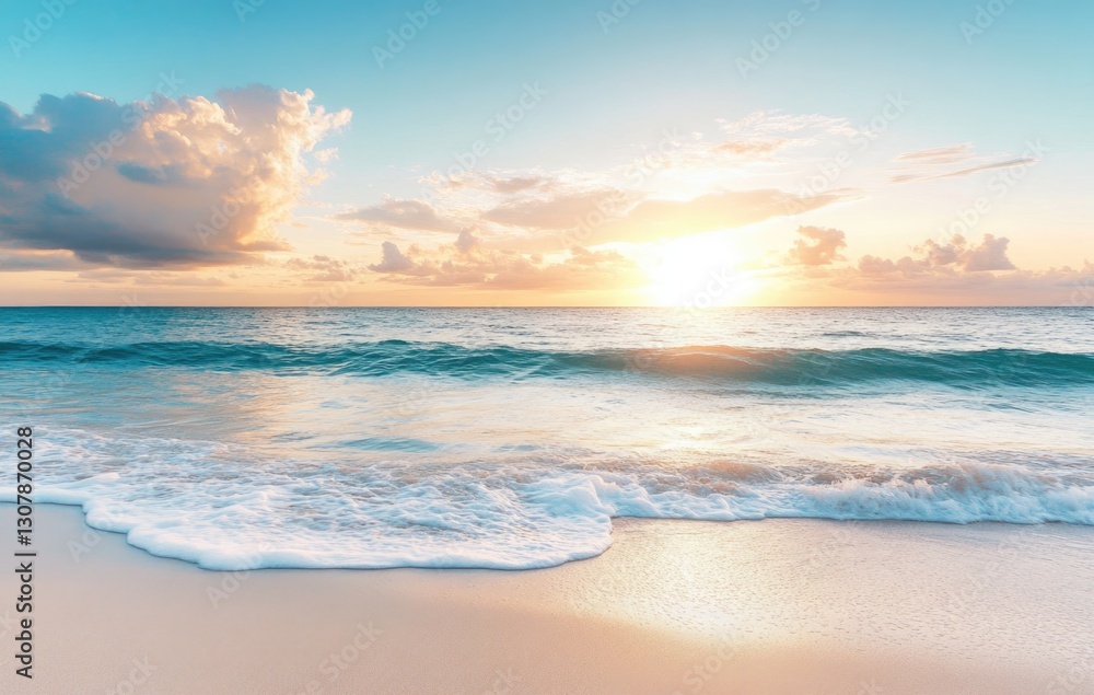 transparent clear waves breaking on white and clean sea beach in summer holiday evening sunset. transparent clear waves breaking on white and clean sea beach in summer holiday evening sunset.