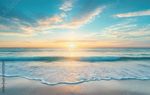 Fototapeta Naklejka Na Ścianę i Meble -  transparent clear waves breaking on white and clean sea beach in summer holiday evening sunset.	