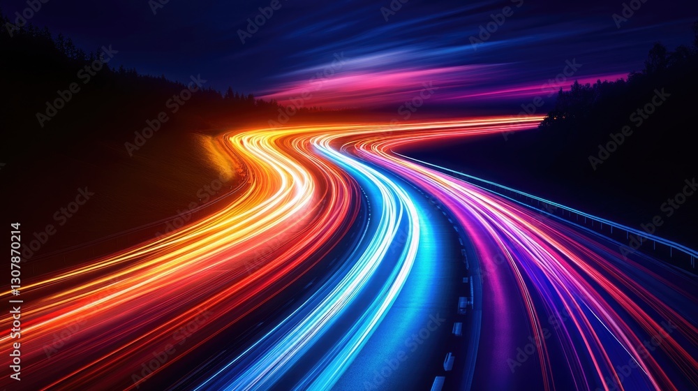 colorful long exposure picture of glowing trafffic light on curve road from full speed car. colorful long exposure picture of glowing trafffic light on curve road from full speed car.
