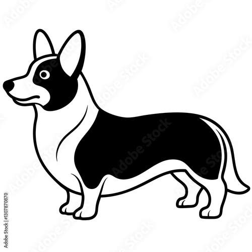 a graphic of a cute corgi dog in black and white with clean lines and a charming pose. The corgi is standing sideways vector illustration