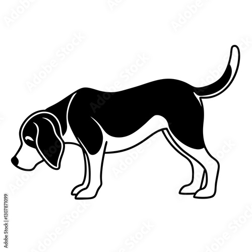 a black and white beagle illustration sniffing the ground, showcasing its keen sense of smell and focus, vector illustration