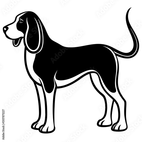 a black and white illustration of a standing hound dog. The dog is depicted in profile, showcasing its sleek form and distinctive markings vector illustration