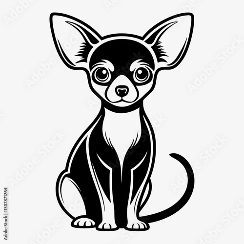 an adorable chihuahua illustration in black and white with big ears and an innocent expression vector illustration