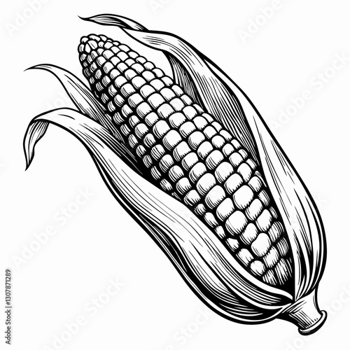 an illustration of a fresh ear of corn with leaves, showcasing the detailed kernels vector illustration